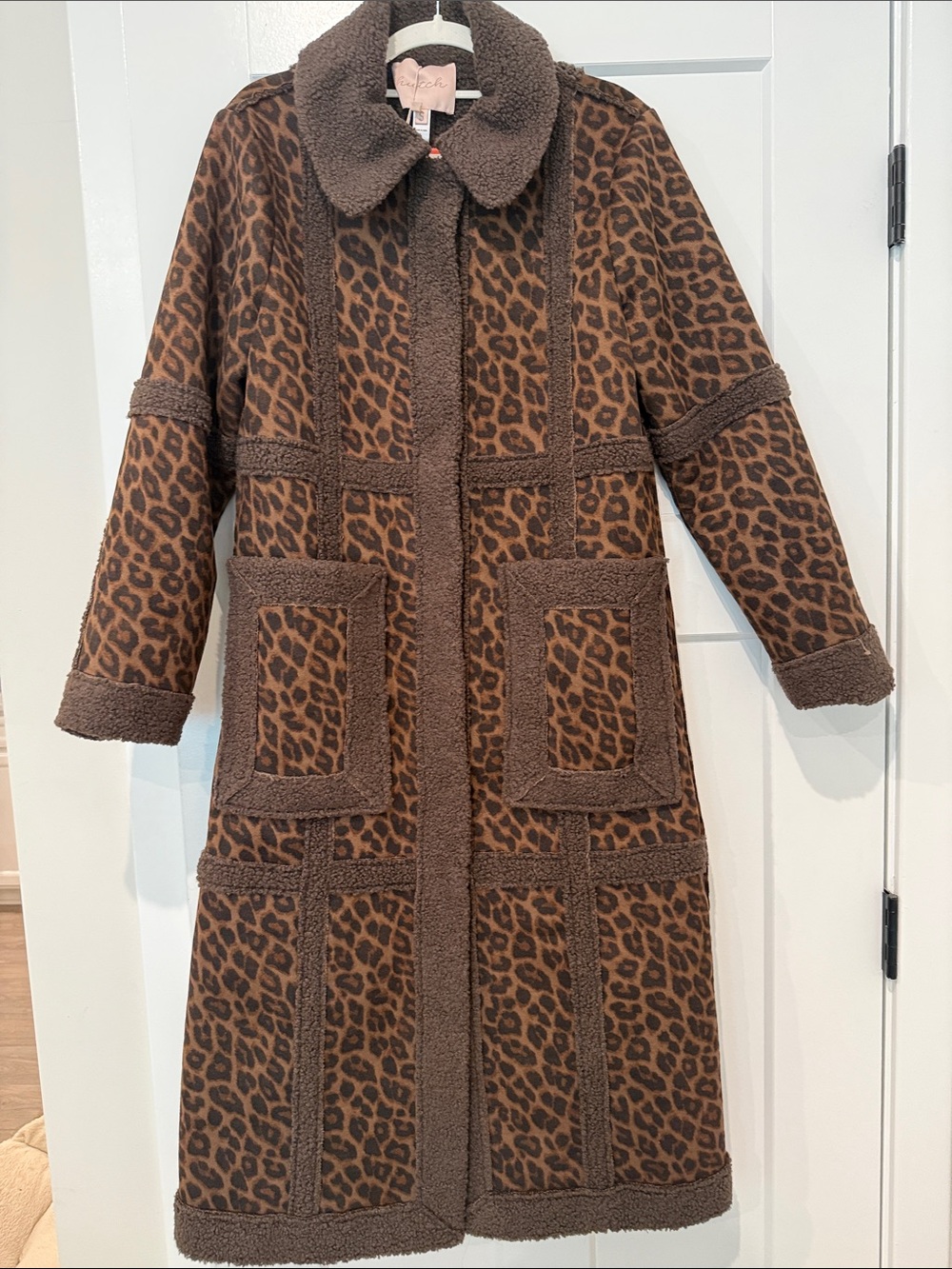 Hutch Leopard-Print Shearling-Trim Trench Coat - Brown